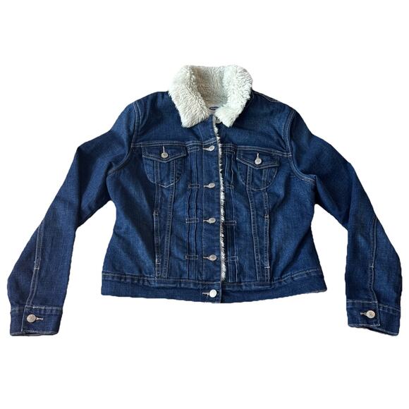 Old Navy Trucker Denim Jacket Womens L Blue Sherpa Collar Multi Pockets Lined - Picture 1 of 10